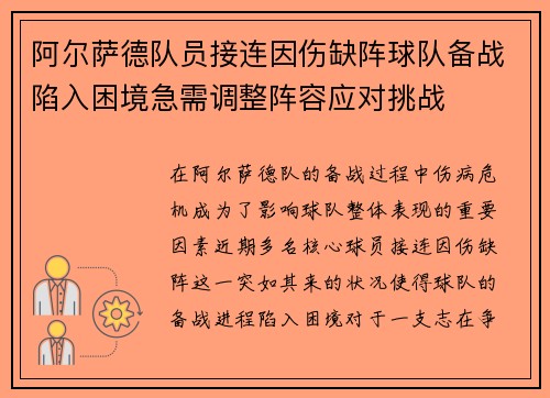 阿尔萨德队员接连因伤缺阵球队备战陷入困境急需调整阵容应对挑战